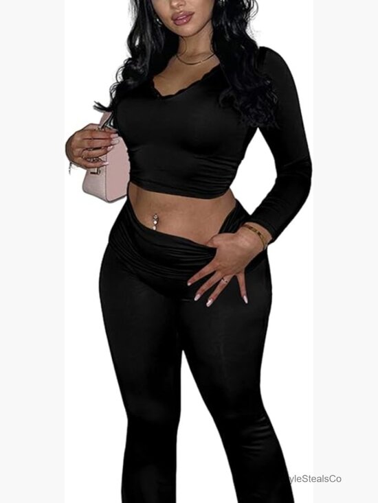 Other - 2 Piece Lounge Set Lace V Neck Long Sleeve Crop Top Fold Over Flare Yoga Pants